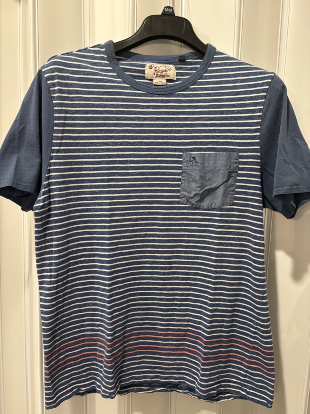 Original Penguin Blue & White Striped Pocket Tee with Red Accent